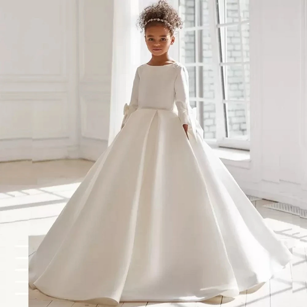 

3/4 Long Sleeve Satin Princess Flower Girl Dress Crystal Belt Banquet First Communion Gown Cute Birthday Party Dress for Child