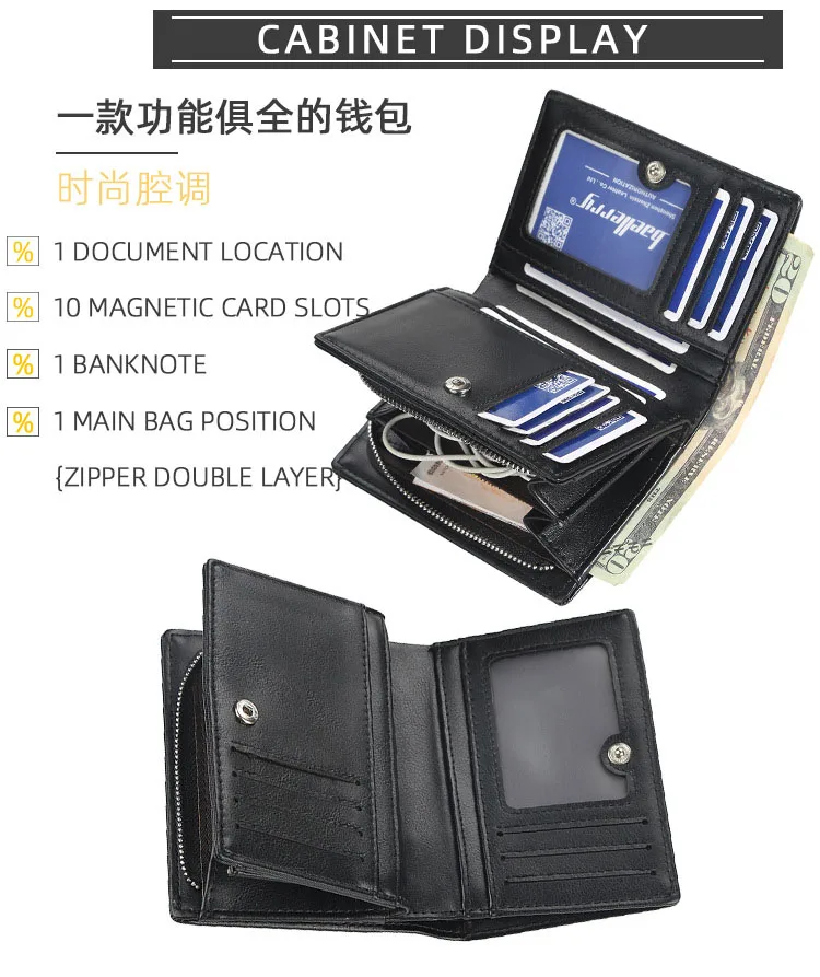 Mens PU Leather Bifold Wallet - High Quality Zipper Card Holder with Money Clip and Coin Pocket