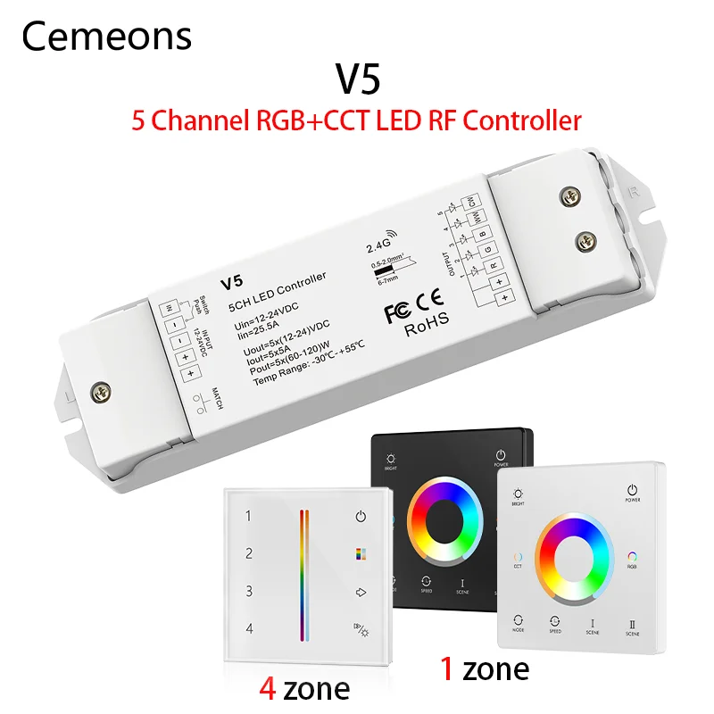 Rgb Cct Led Controller V5 Dc 12-48V 2.4G Rf Smart Life 5 In 1 Singolo Colore Rgbw Rgb Cct Strip Light Led Telecomando Wireless