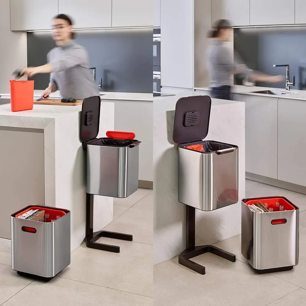 Joseph Joseph Totem Compact 40 liter Waste Separation and Recycling Kitchen Trash Can with odor filter and removable food waste
