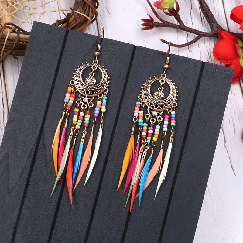 Bead Earrings Set Feather Tassel Gold Boho Ethnic Jordan