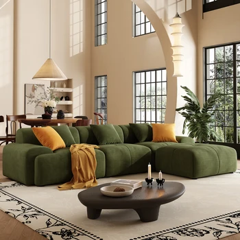 113" Modern L-Shaped Modular Sectional Sofa for Living Room, Corduroy Upholstery Green, 3-Seater Cloud Couchand Movable Ottoman 1