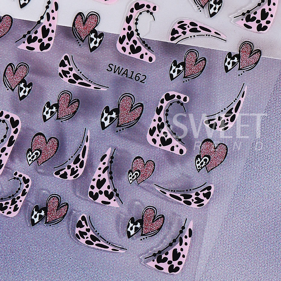 2/3pcs Glitter Silver Pink Love Heart Nail Stickers Leopard Print French Design Nail Decals DIY Valentine's Day Manicure Decor