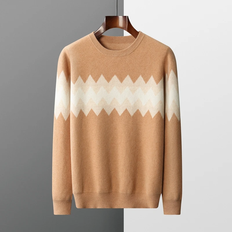

Autumn/Winter Men's New 100% Wool Cold Proof Coat Knitted Round Neck Contrast Stripe Pullover Breathable Texture Blouse