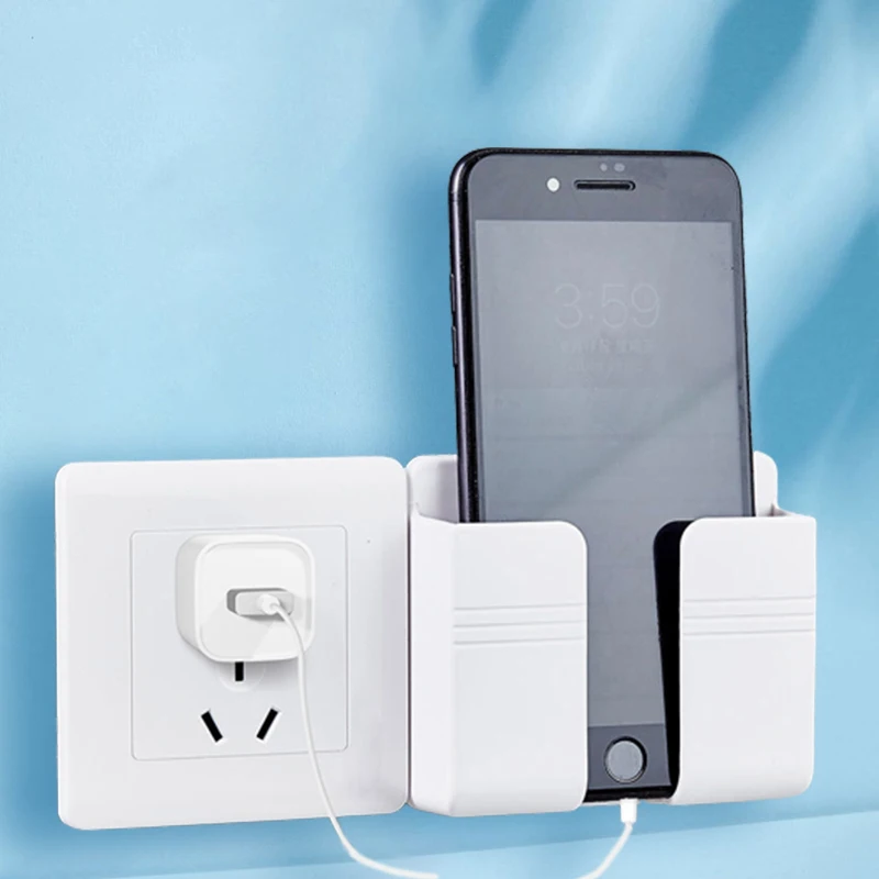 3pcs Wall Mount Phone Holder Punch Free Wall Mobile Phones Charging Stand Lazy Sticky Remote Control Storage Box