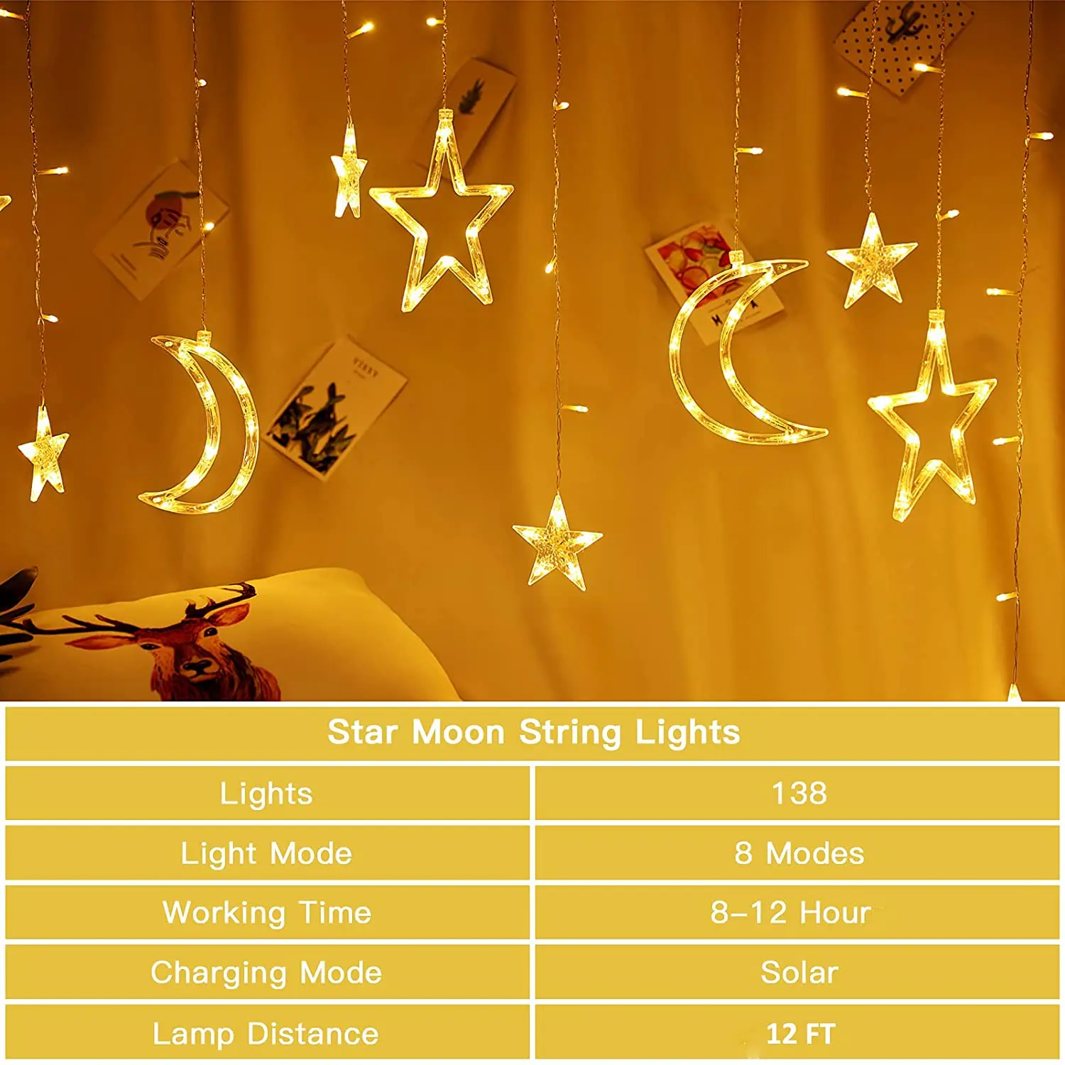 Solar String Lights Outdoor 138LED Christmas Solar Powered Curtain Lights Star Moon Lights Twinkle LED Fairy Lights for Garden outdoor fence lights