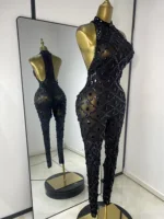 Women Rhinestones Sequines Mesh Bodycon Jumpsuits Sexy Special Occassion Nightclub DJ Dancer Stage Costumes Evening Club Dress - Image 2