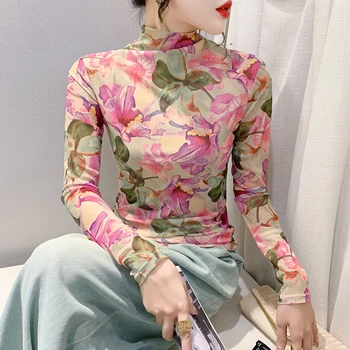 여성용 하이넥 메쉬 긴 티셔츠, 페어리 레이디 긴 소매 프린트 꽃 티셔츠, 슬림 상의, FF0960, 사이즈 S-4XL 용수철 가을