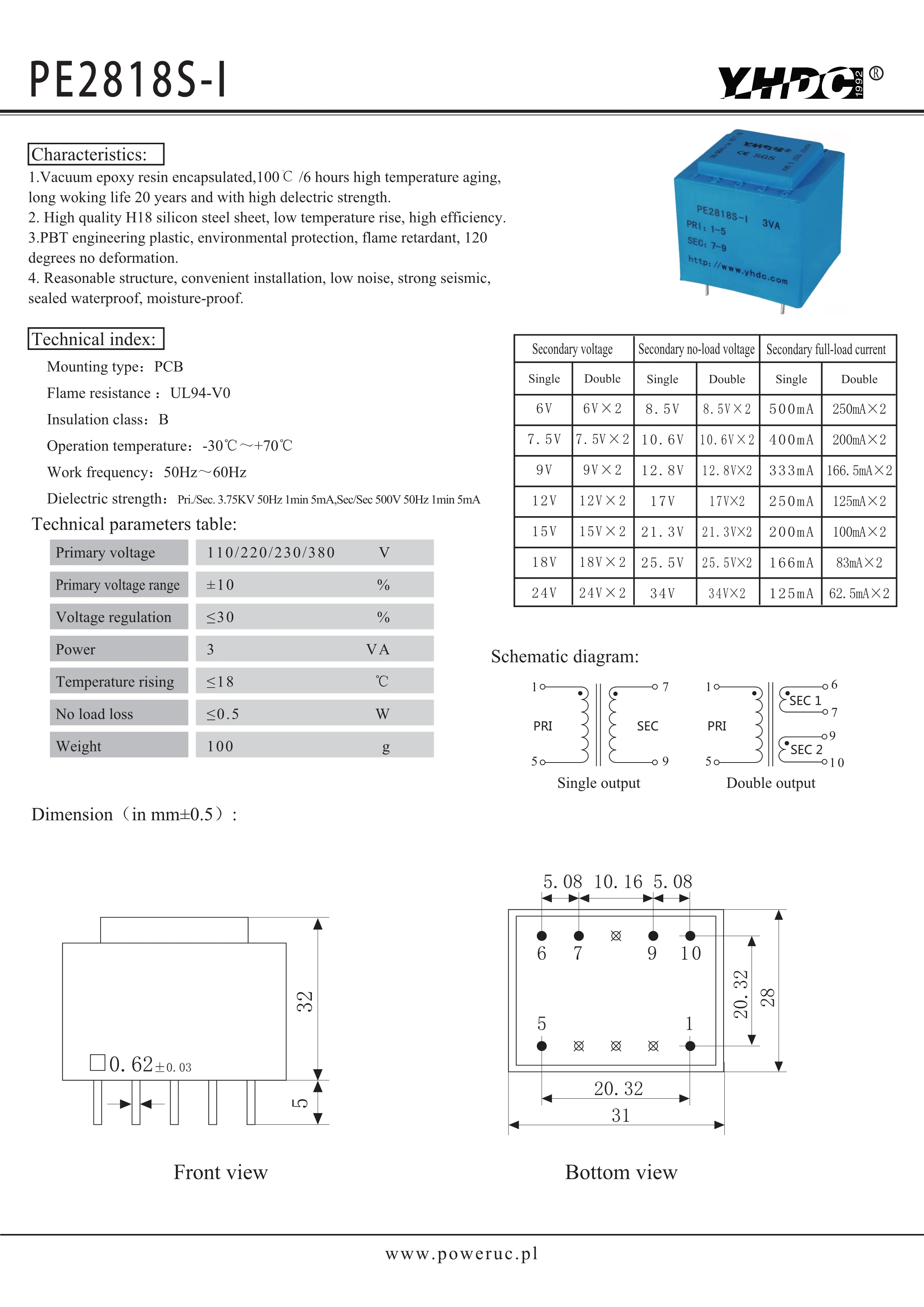 PE2818S-I Power 3VA 230V / 6V/7.5V/9V/12V/15V/18V/24V Expory Resign Encapsulated Safety Isolating Transformer PCB Welding power transformer