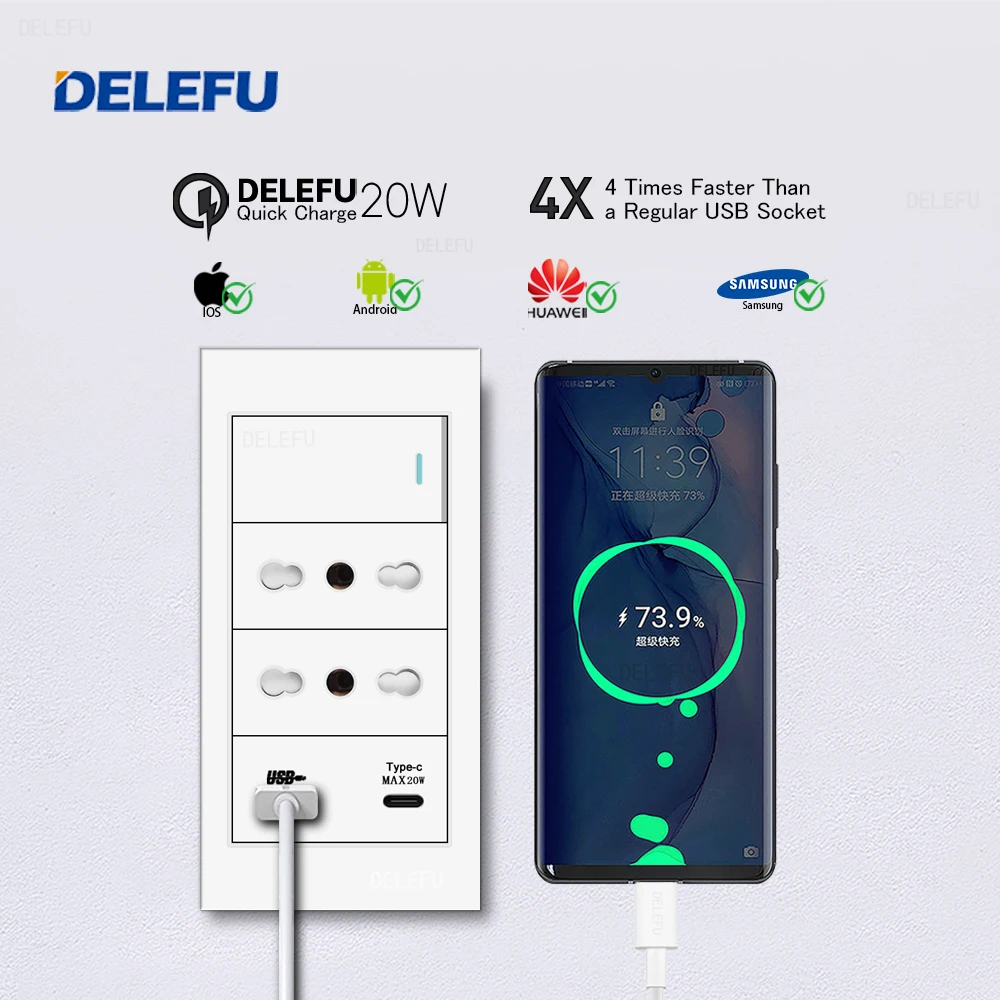 DELEFU Flame Retardant SC31 Panel 145mm White Italian Standard USB Type C Fast Charging Wall Socket Switch TV Phone CAT5 CAT6 — view 5