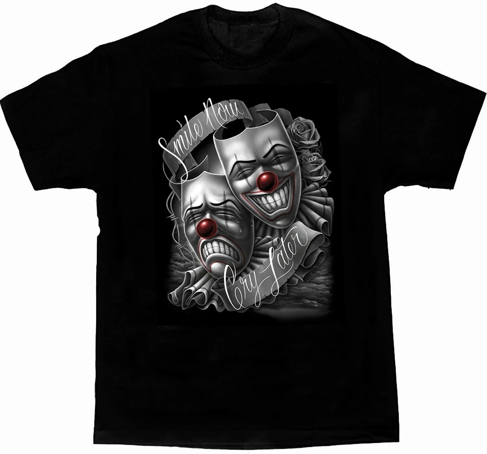 Smile Now Cry Later Drama Mask Lowrider Chicano Art T-Shirt 100% Cotton  O-Neck Short Sleeve Casual Mens T-shirt Size S-3XL - AliExpress, image size:1600x1490