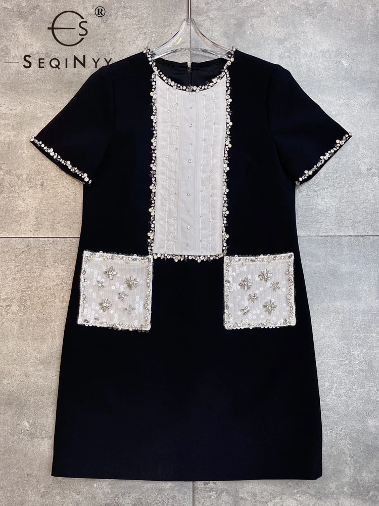 

SEQINYY Office Lady Dress Summer Spring New Fashion Design Women Runway High Quality Beading Lace Vintage Mini Elegant