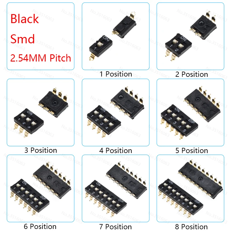 thumbnail image 1 of 5/10 piezas de interruptores de palanca deslizantes de paso de 1,27 mm/2,54 mm, DIP/Smd/ángulo recto, doble fila, 1/2/3/4/5/6/8/10/12 posiciones/bits/vías/canales/pins, 1 of 5