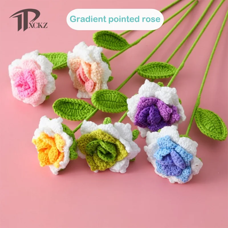 

Rose Flower Bouquet Hand-woven Fake Flower Simulated Crochet Gradient Roses Wedding Party Home Decor Valentine's Day Gift