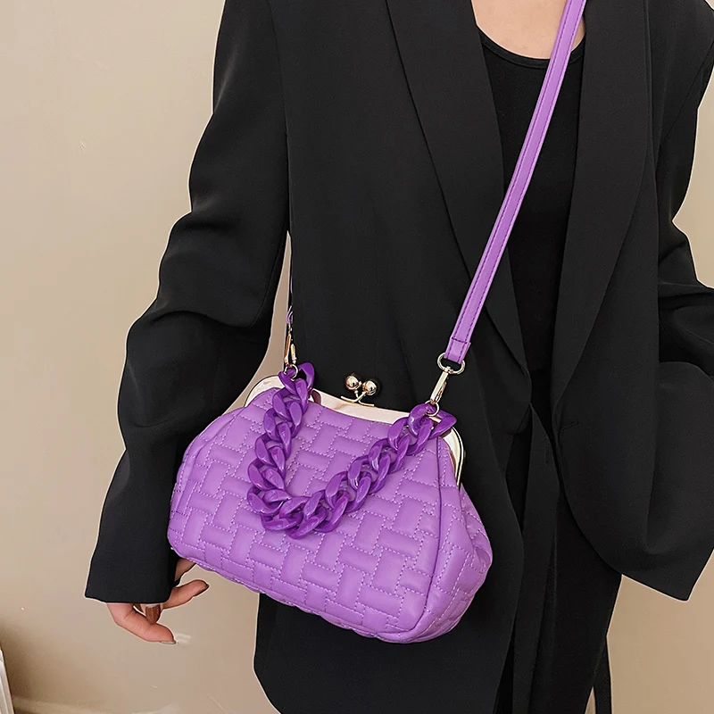 Purple Design Handbag Women Quilted Shoulder Bag Clip Small Crossbody Bags For Women 2022 Metal Chain Clutches Cloud Purse