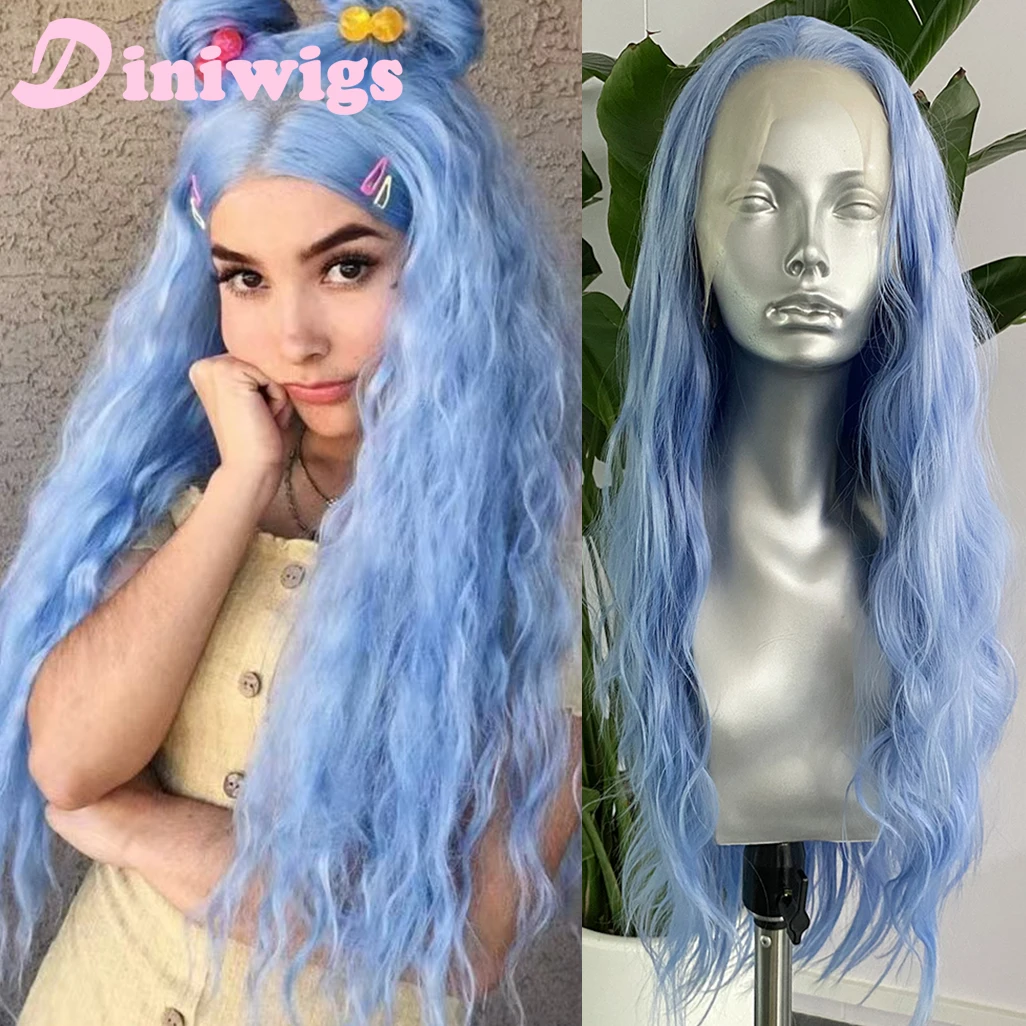 Light Blue Wig Loose Curly Synthetic Lace Front Wig Glueless 13x4 Lace Frontal Natural Hairline Daily Cosplay Wigs for Women