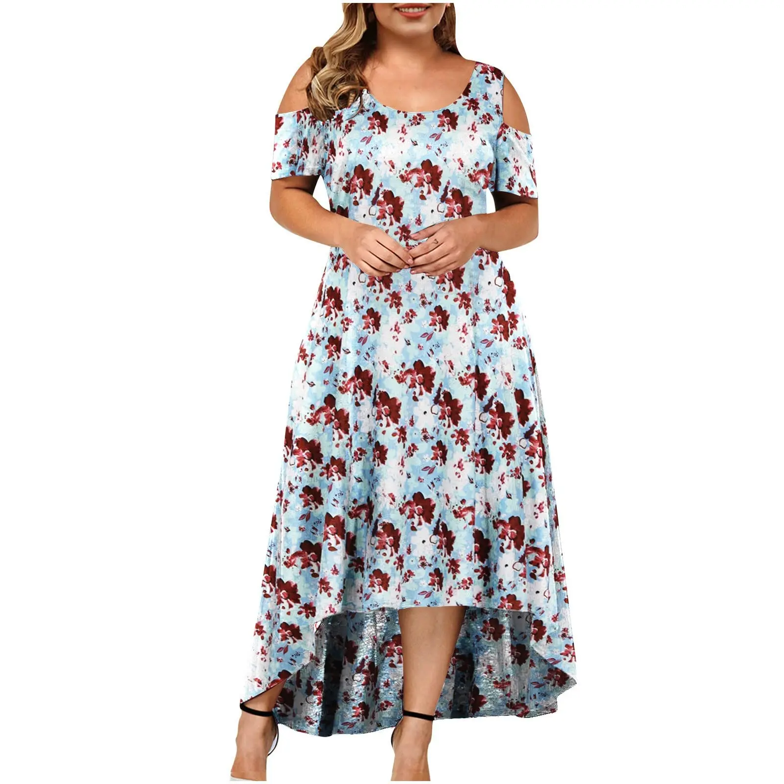 

Women's Plus Size Dress Summer Round Neck Cold Shoulder Large Size Floral Dress Short Sleeve Vestido Largo Curvy Women Clothes