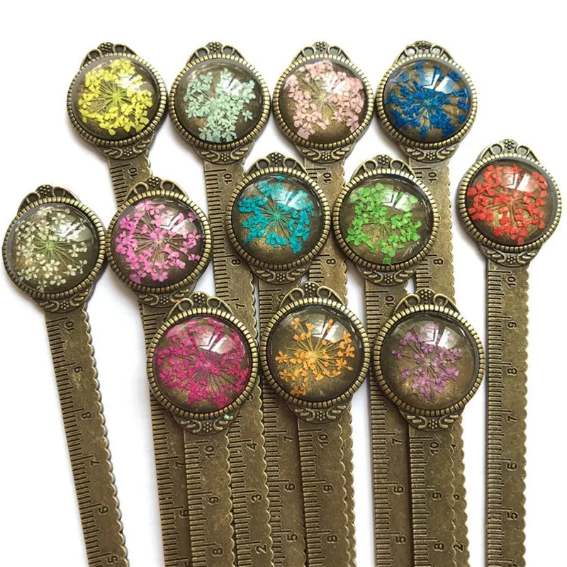 Creative Retro Bronze Round Bookmark 10cm Ruler Vintage Metal Colorful Flower Glass Gems Book Page Marker 1 Pcs