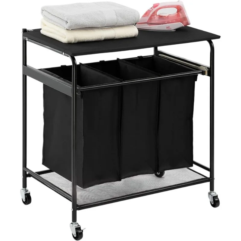 

Laundry Sorter with Sturdy Ironing Board and Folding Table Top Lid, Laundry Hamper Organizer with 4 Wheels for Laundry