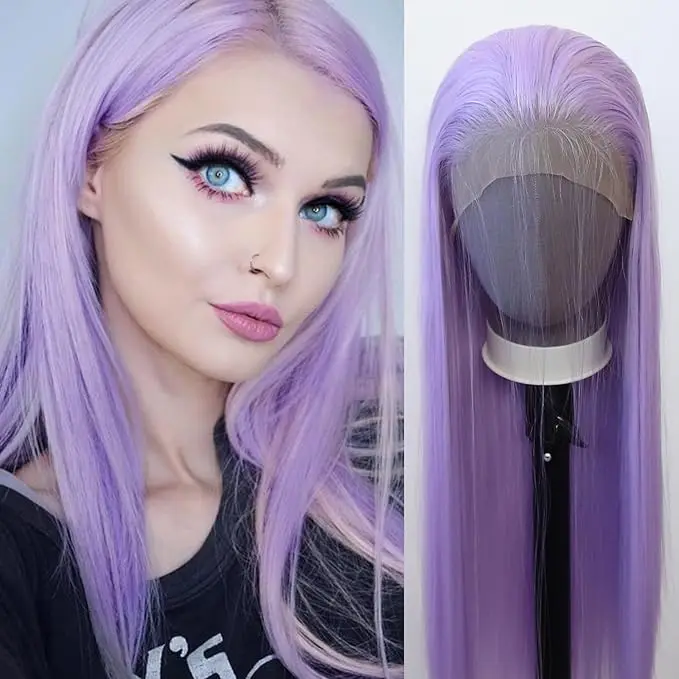 Light Purple Wig Long Straight Light Purple Lavender Synthetic Lace Front Wigs Pre Plucked with Natural Hairline for Fashion Wom
