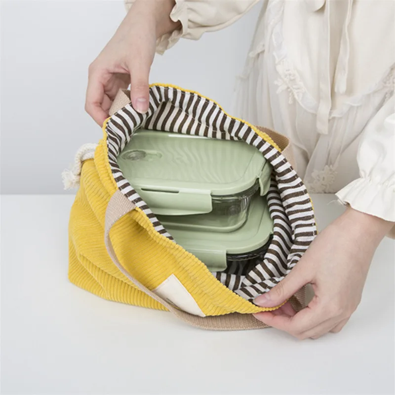 Eco-Friendly Corduroy Canvas Lunch Tote with Drawstring Closure