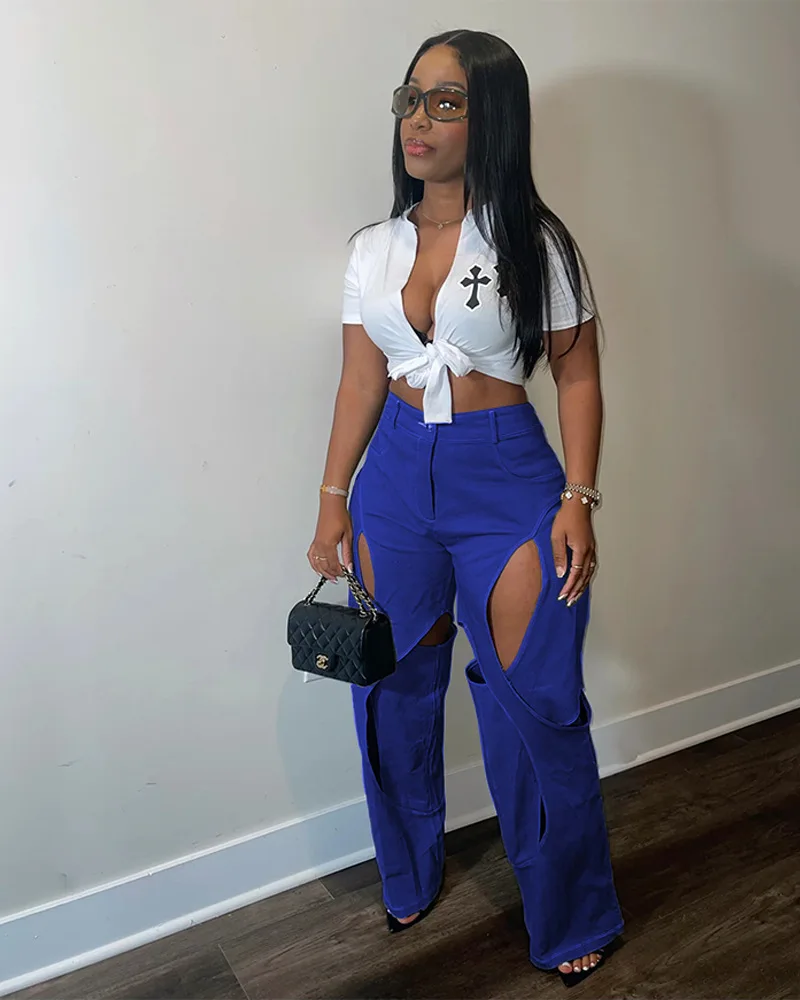 European and American women's color contrast line stitching hollowed out casual pants loose pants sweatpants  women pants