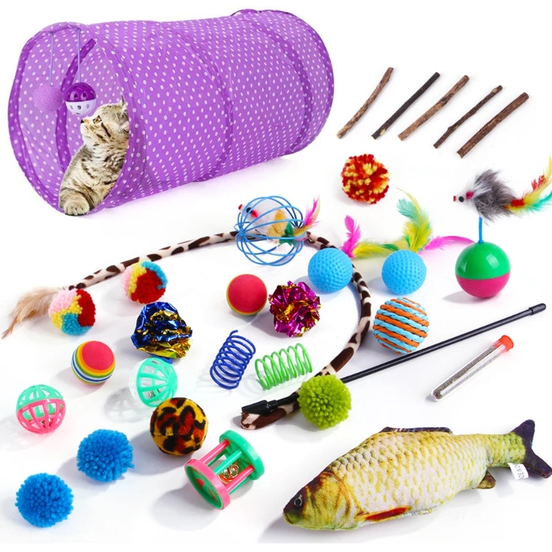 

30 Pcs Kitten Tunnel Mice Bells Balls Feather Teaser Catnip for Cat Puppy