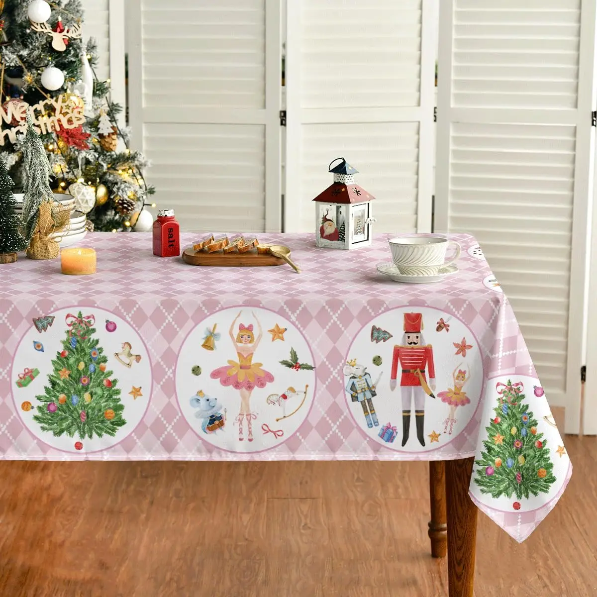 Christmas Nutcracker Pink Buffalo Plaid Rectangle Tablecloth Winter Xmas Party Decor Wedding Table Decor Navidad Decoration 2025