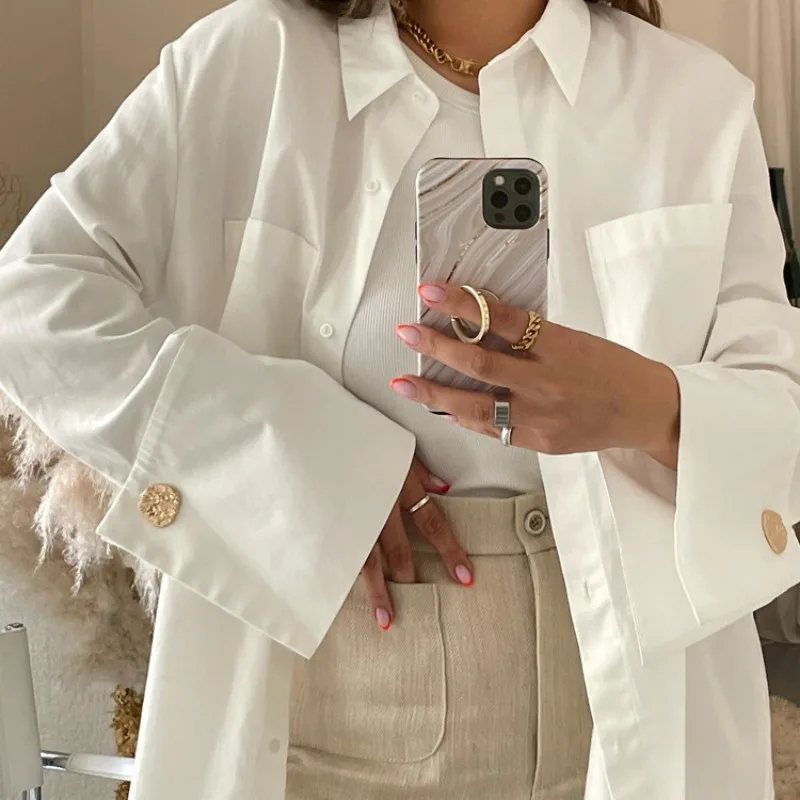 

2023 INS Y2K Clothes Long Sleeve Turn Down Collar Button Pocket Loose T-shirt Autumn Spring Office Lady Shirt for Women