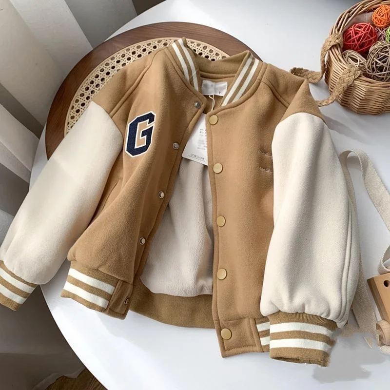 Baby Girl Boy Warm Baseball Jacket Zipper Toddler Child Fleece Bomber Coat Autumn Spring Baby Letter Outwear Baby Clothes 2-10Y real fur coat