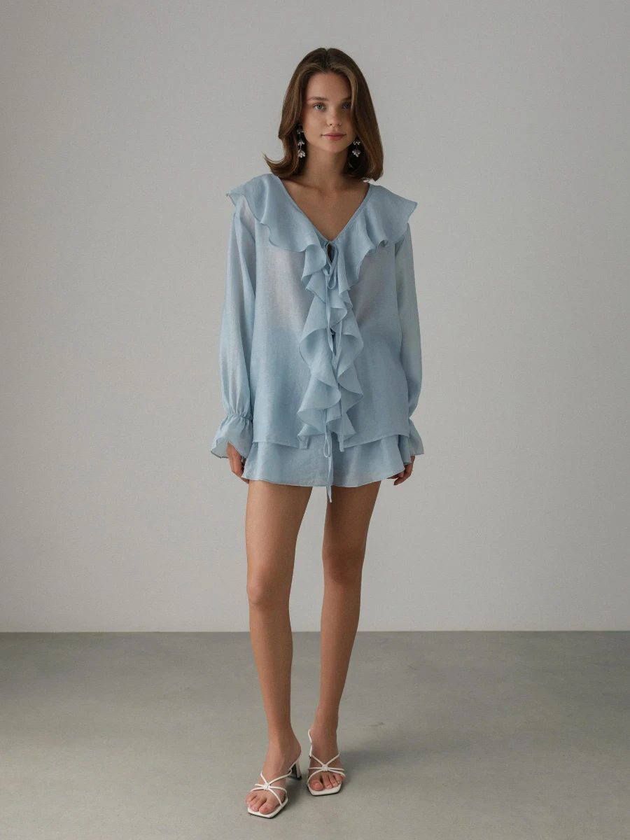 Bornladies Spring New Women's French V-neck Loose Ruffled Shirt Shorts Set Fashion Casual Long Sleeve Loose Shorts Two Piece Set