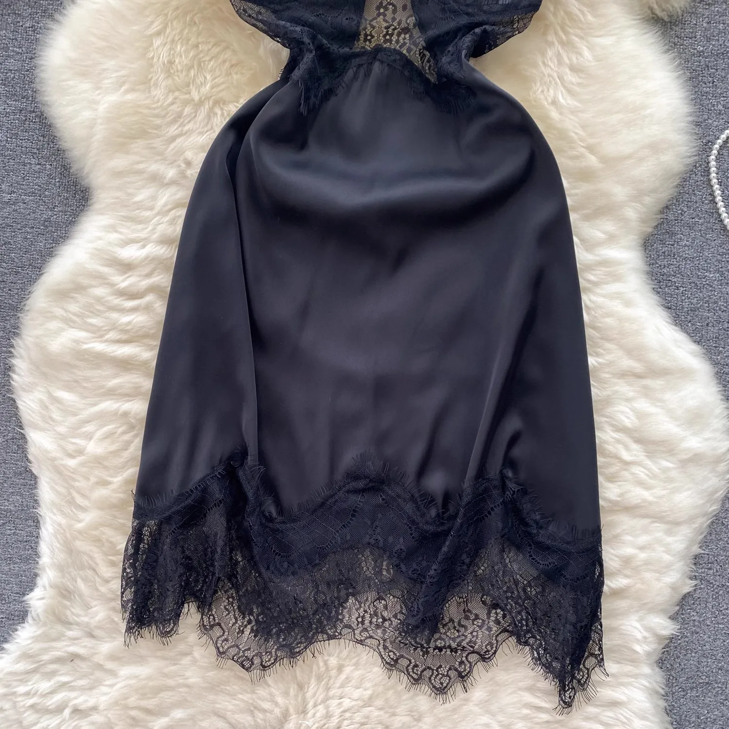 Chillgio Frauen sexy Blumen Eis Seide Nachthemden Sommer hohle Mode zweiteilige Spitze Patchwork Spaghetti träger Mini Pyjama Kleid – Detail 8