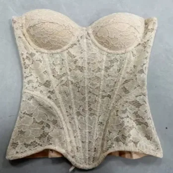 Women White Lace Corset Bra Overbust Luxury Bodice For Wedding Strapless Lace Up Bustier Tube Tops Waist Trainer Steel Boned