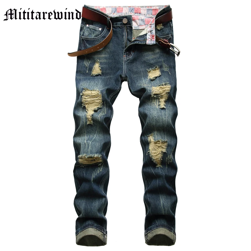 

Men's Dark Blue Jeans Autumn And Winter Cotton Denim Pants Vintage Distressed Ripped Hole Casual Full Length Trousers Hip Hop