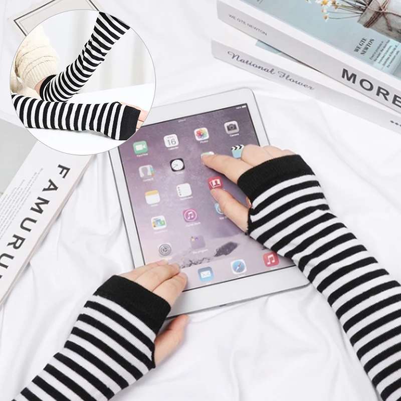 Fingerless Gloves Knitted Striped Warm Women Arm Warmer Long Gloves Protection Arm Sleeves