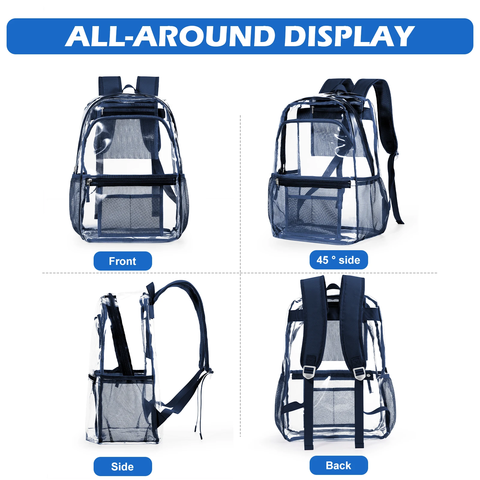 Clear Polyester Backpack - Stylish Transparent Daypack for School Multipocket Transparent Backpack Casual Modern Aesthetic Bag ﻿