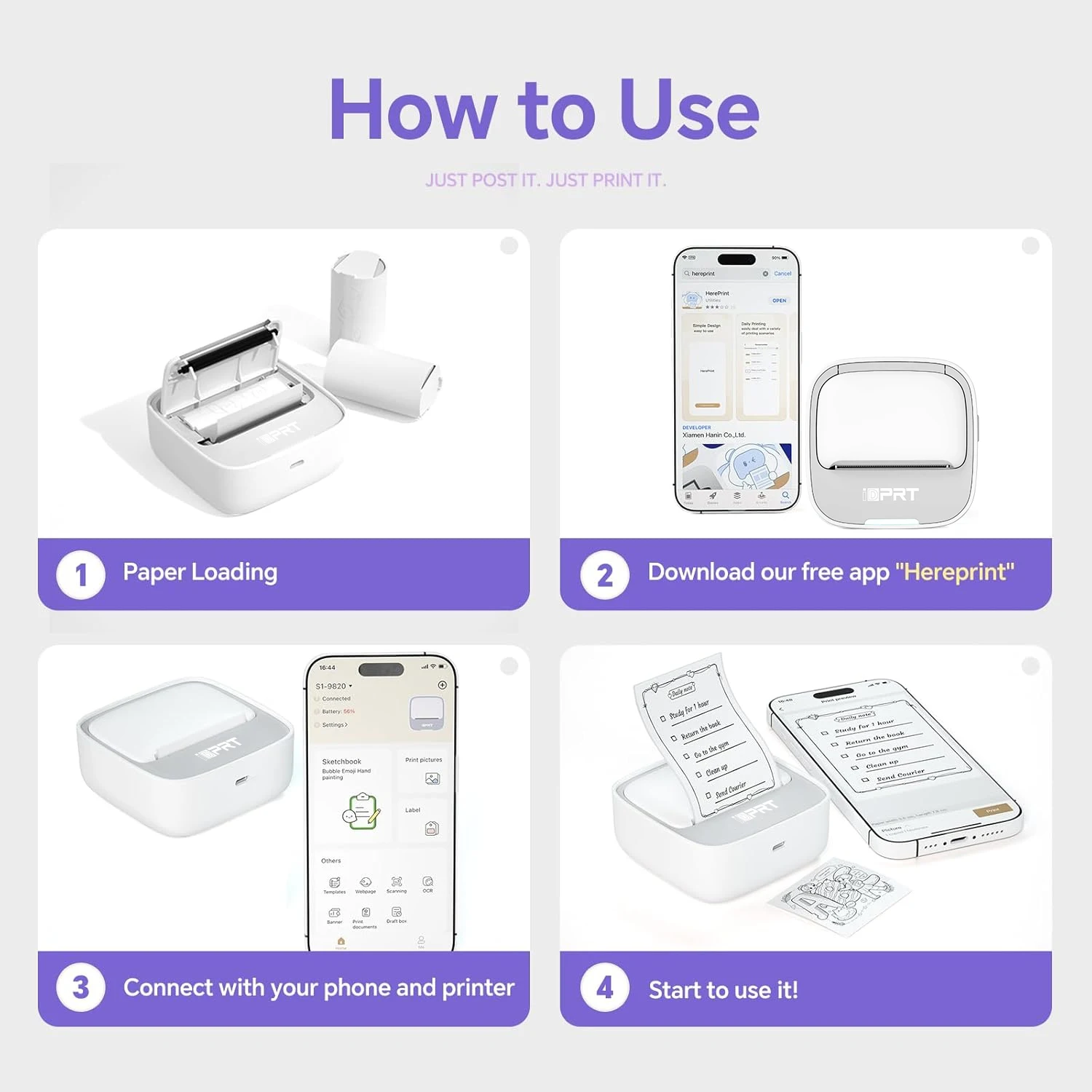 HPRT S1 Mini Bluetooth Thermal Printer or 57mm Photo Paper Sticker Inkless Printing Compatible Android & iOS