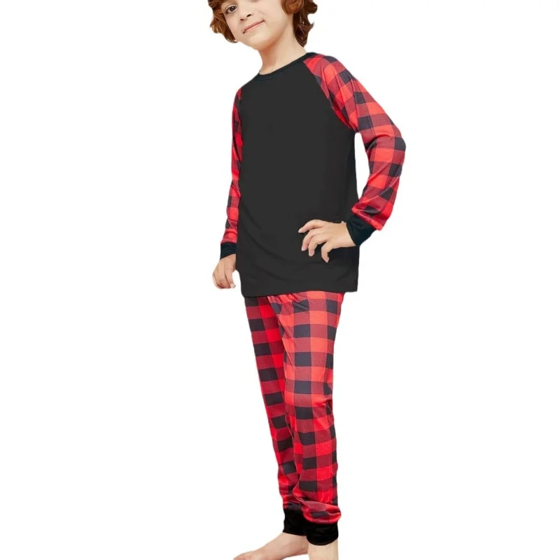 Merry Christmas Family Matching Outfits Solid Color Check Print Mom Dad Kids 2 Pieces Loose Sleepwear Soft Pyjamas Family Look 6