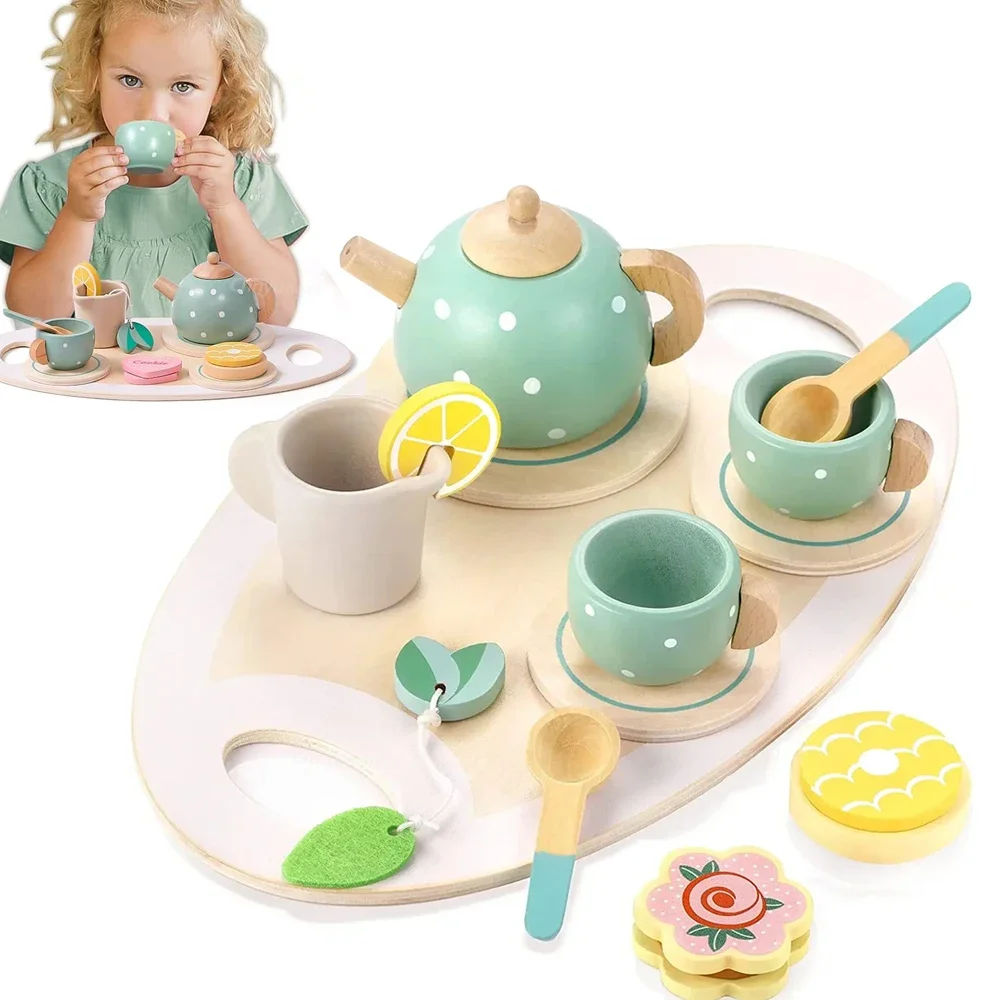 15pcs Wooden Tea Toys Pretend Play Kitchen Accessories Food Playset for Kids Role Play Game for Toddlers Girls Boys Gifts 3