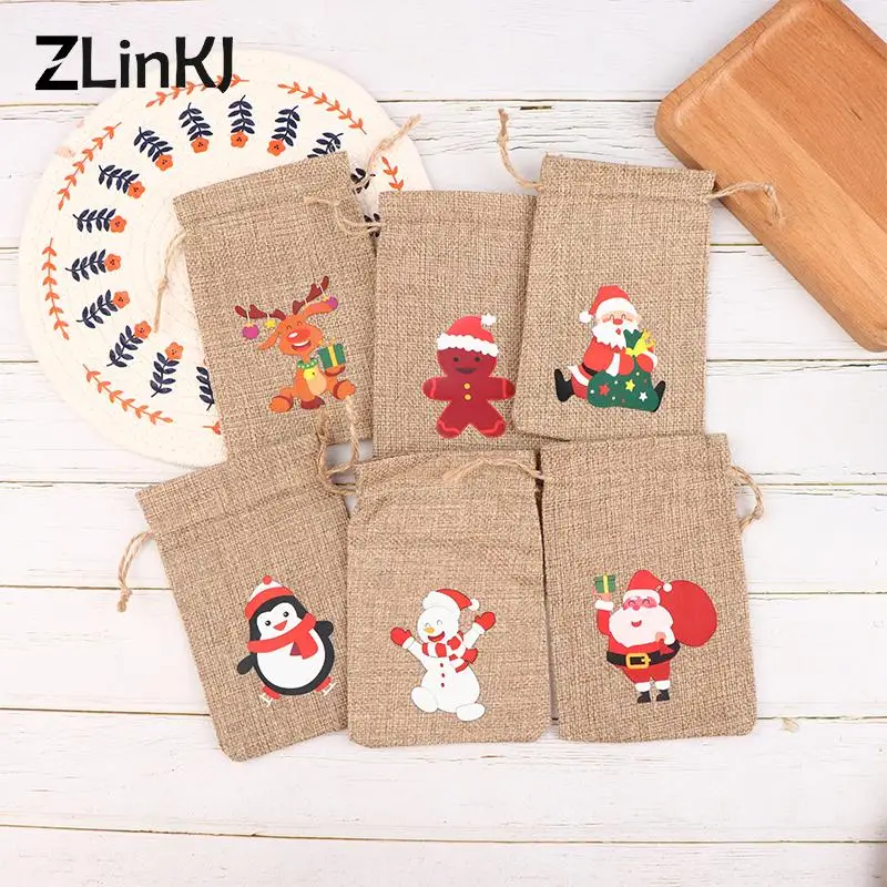 5Pcs 10x14cm Burlap 크리스마스 캔디 선물 가방 리넨 캔버스 가방 산타 클로스 사용자 캔디 가방 크리스마스 선물 주머니 장식품