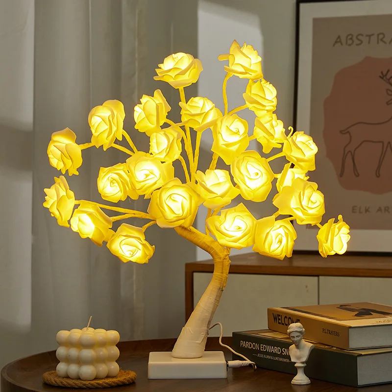 Rose Blossom Tree Night Light LED Lighted Tabletop Artificial Flower Bonsai Tree Lamp
