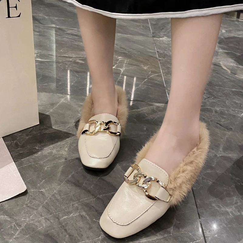 Winter Warm Slip-on Long Plush Square Toe Metal Chain Flats Loafers Luxury Furry  Lazy Espadrilles Footwear Size 35-40 3