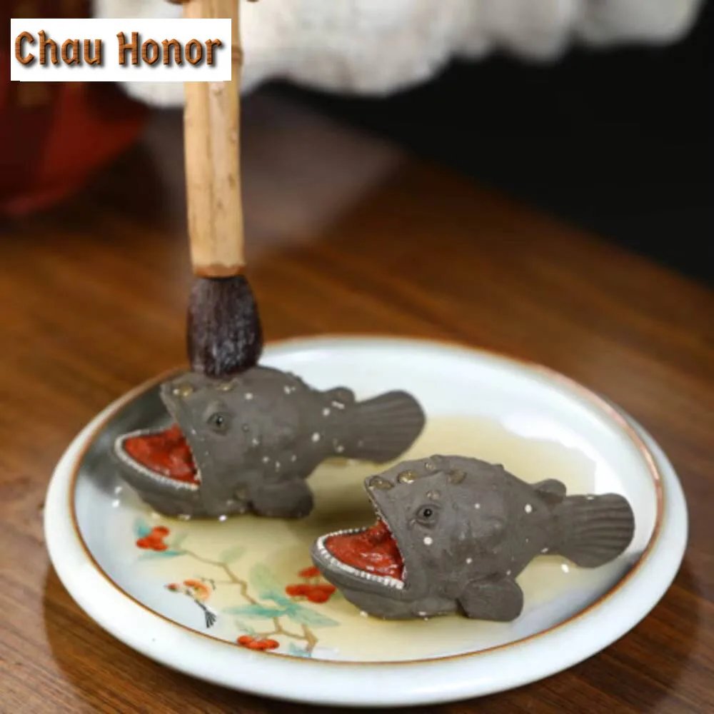 Chinese Yixing Anglerfish Sculpture Purple Clay Tea Pet Shark Statue Ornaments Animal Figurine Craft Handmade Tea Set Decoration