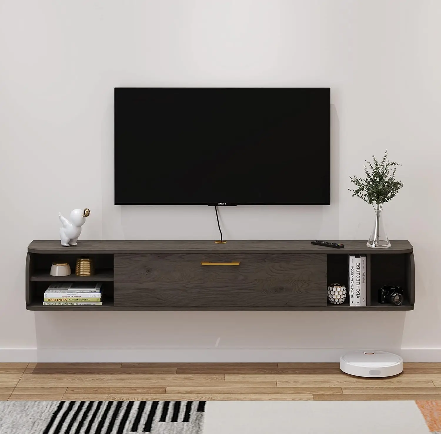 

Floating TV Unit, 67'' Wall Mounted TV Cabinet, Floating Shelves with 4 Cabinets, arge Storage TV Bench (67IN, Dark Grey)