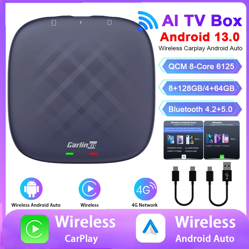 CarlinKit CarPlay Car Ai Box Plus Android 13 QCM6125 8-Core Android Auto Wireless CarPlay For VW Audi Kia Fiat 8+128GB/4+64GB