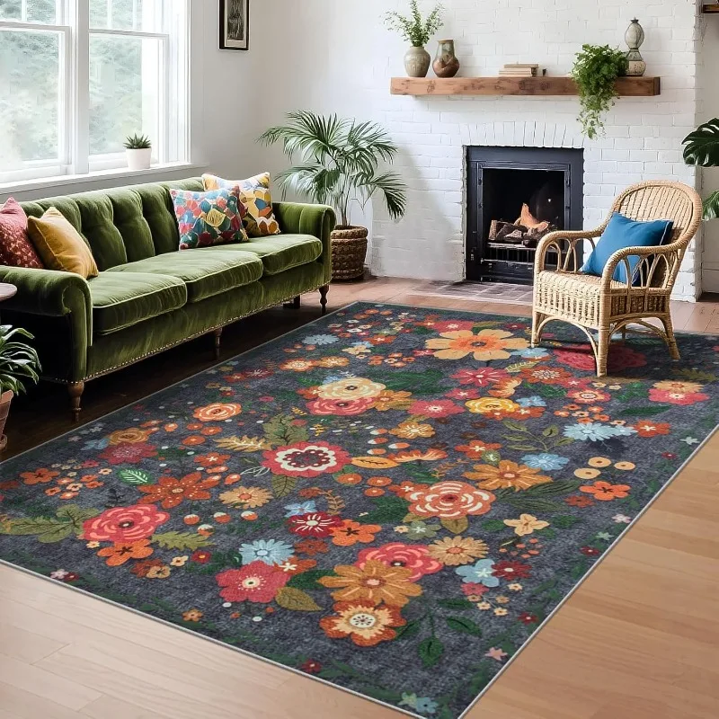 Retro Living Room Carpet Large Area Floral Print Bedroom Rugs Machine Washable Non-slip Soft Coffee Table Mats Alfombra Tapis 러그
