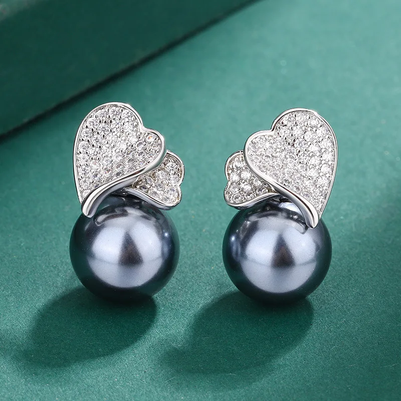 Tahitian Pearl Earring Double Heart Shaped Love Cubic Zircon Necklace Ring for Women Jewelry Wedding Gift for Guest Friends Gift bridal jewelry sets crystal jewelry sets earring ring sets