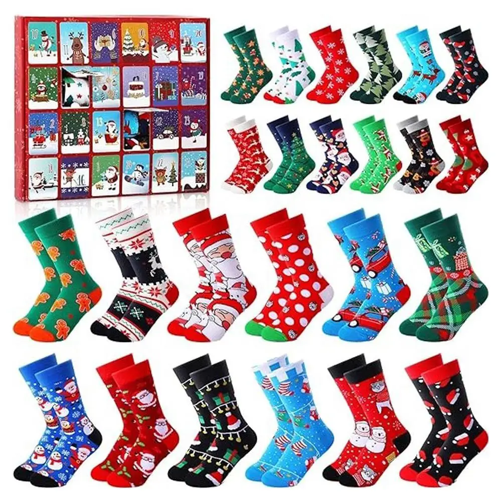 12/24Pairs Christmas Stocking Advent Calendar 12/24 Days Of Socks Festive Holiday White Christmas Colorful Socks For Men