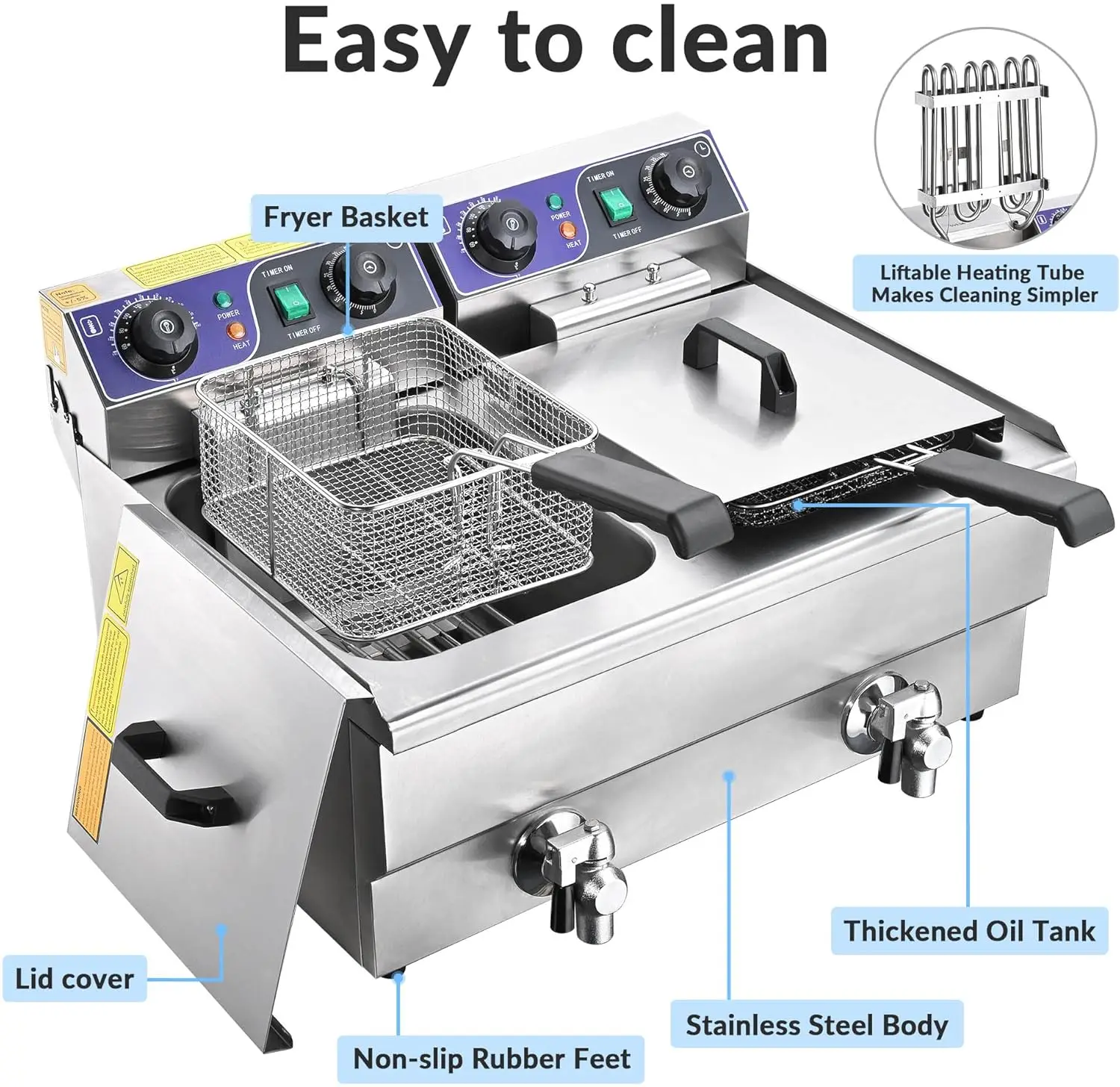 WeChef Commercial Electric Deep Fryer 23.4L 3000W Fryer w/Time Control and Oil Filtration Dual Removable Basket Stainless Steel