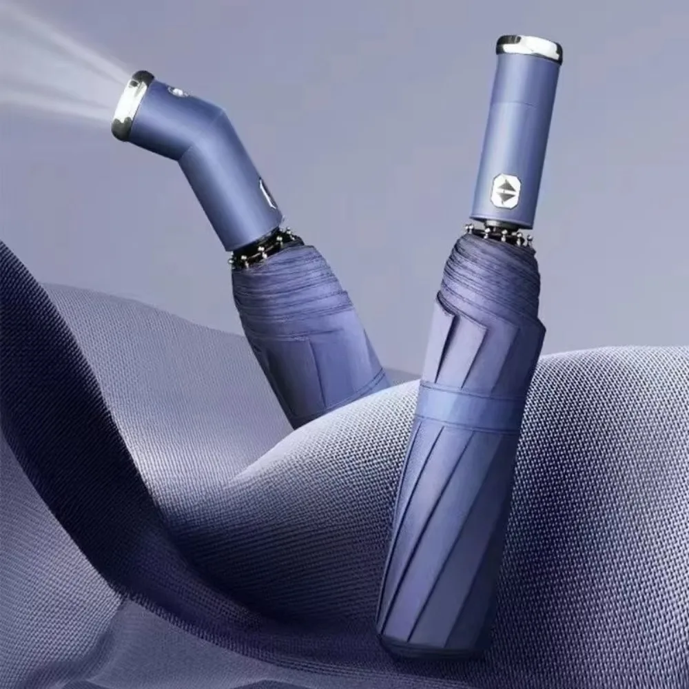 10-Bone Frame LED Flashlight Umbrella Waterproof Three Fold Rotating Umbrella UV Protection Windproof Design Dual Use Umbrella